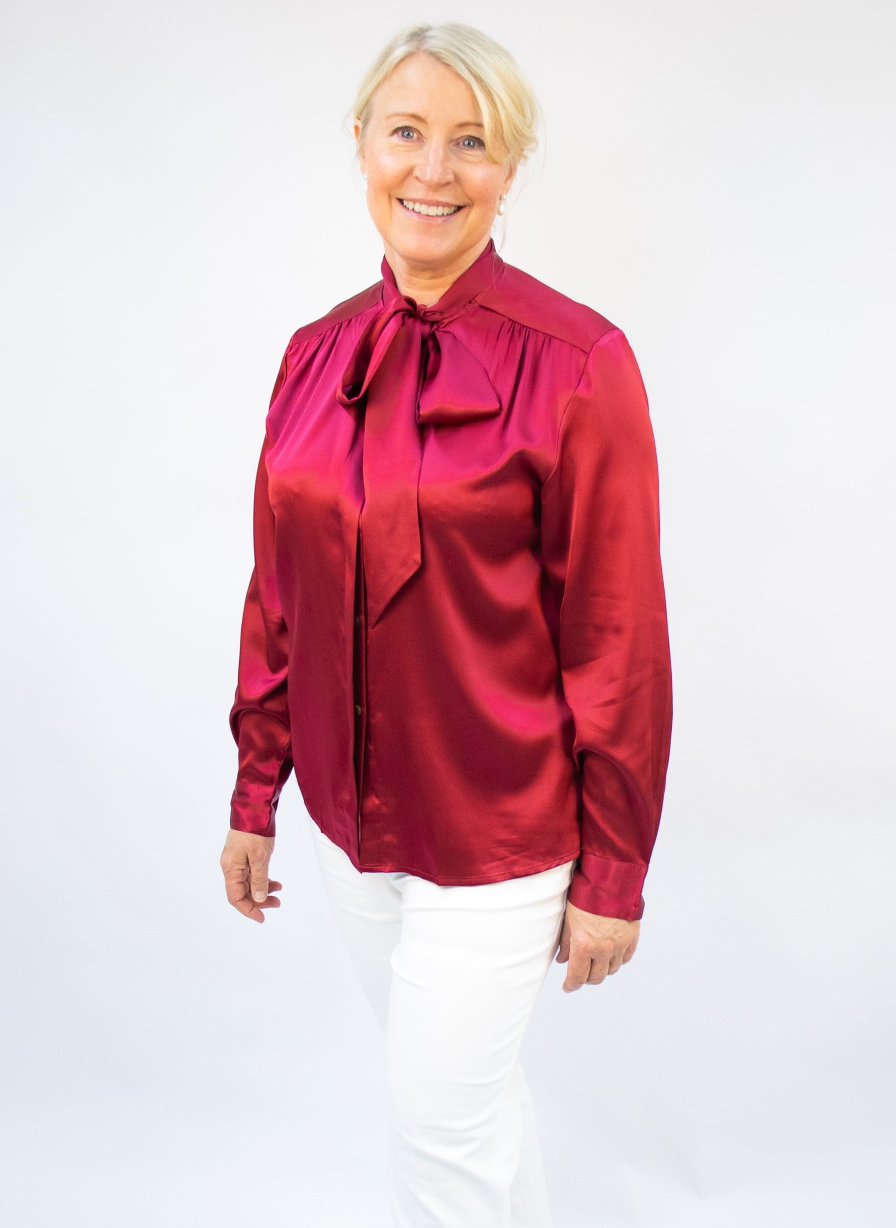 Tie Neck Blouse Silk satin, Burgundy