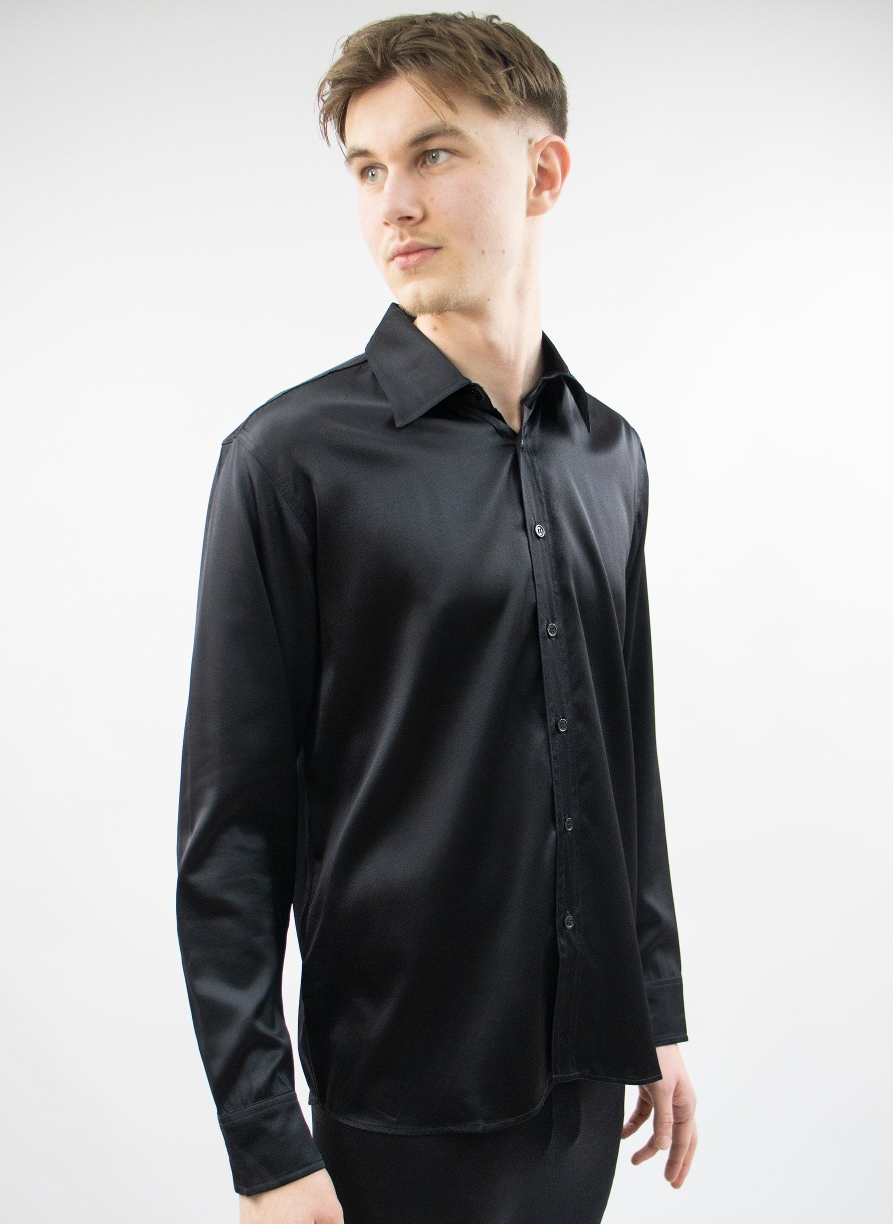 Men's Silk satin long sleeve shirt black