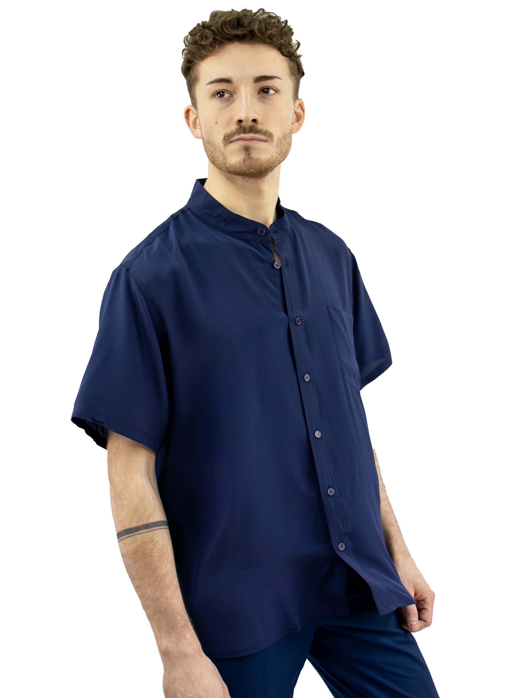 Men's Standing Collar Silk Shirt, Navy Blue