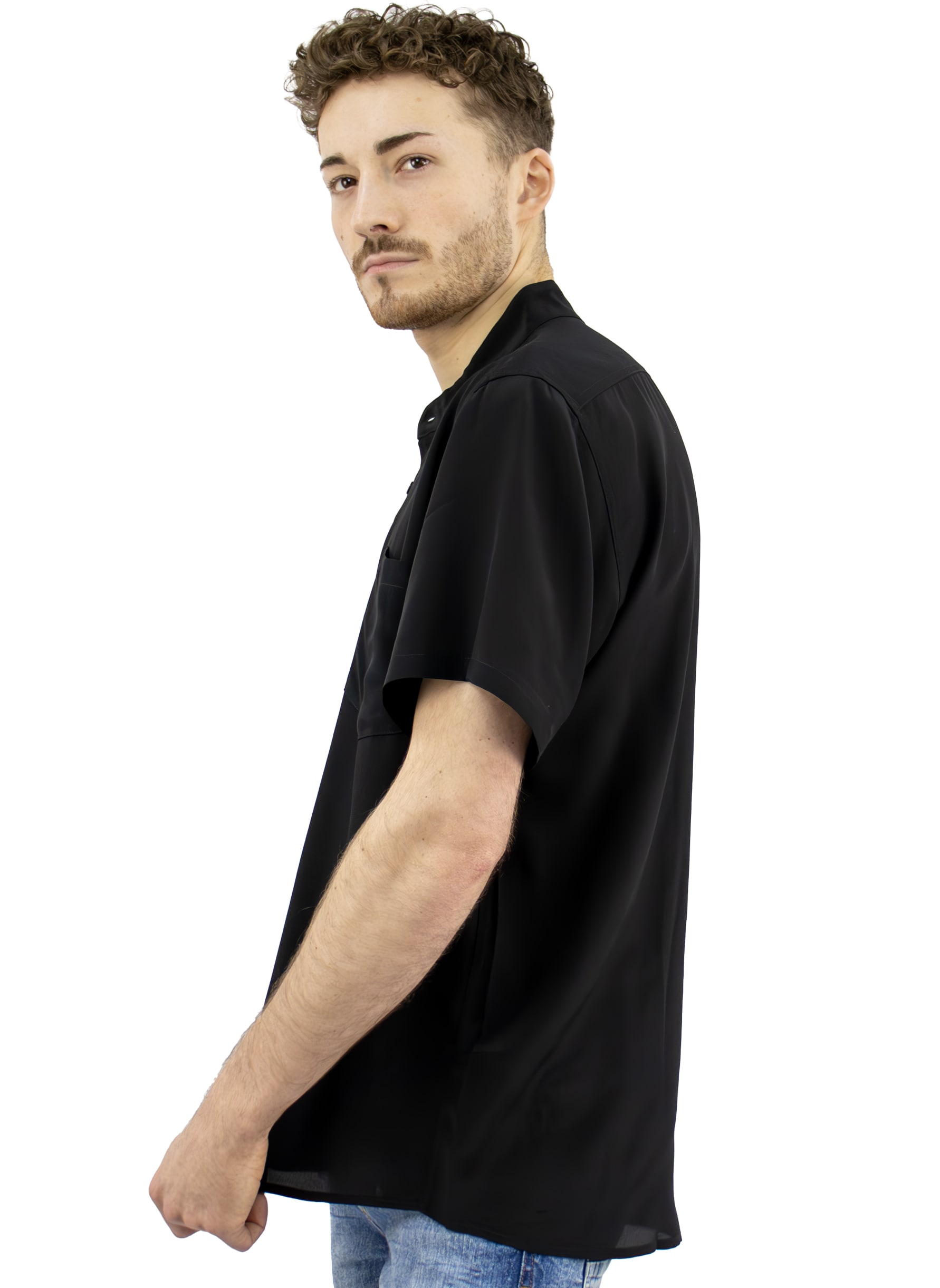 Men's Standing Collar Silk Shirt, Black