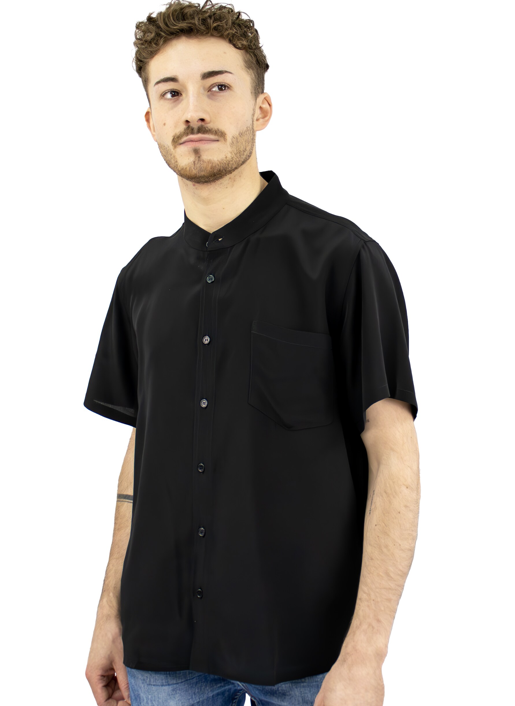 Men's Standing Collar Silk Shirt, Black