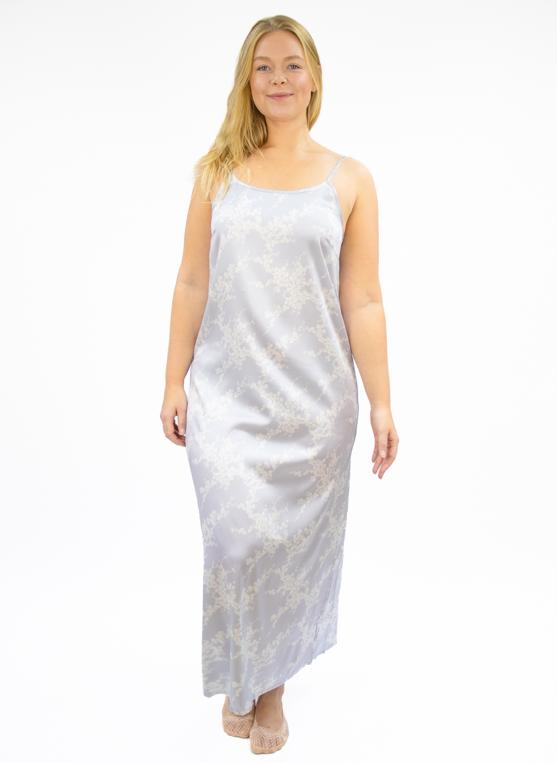 Silk Satin Long Nightdress, Grey pattern