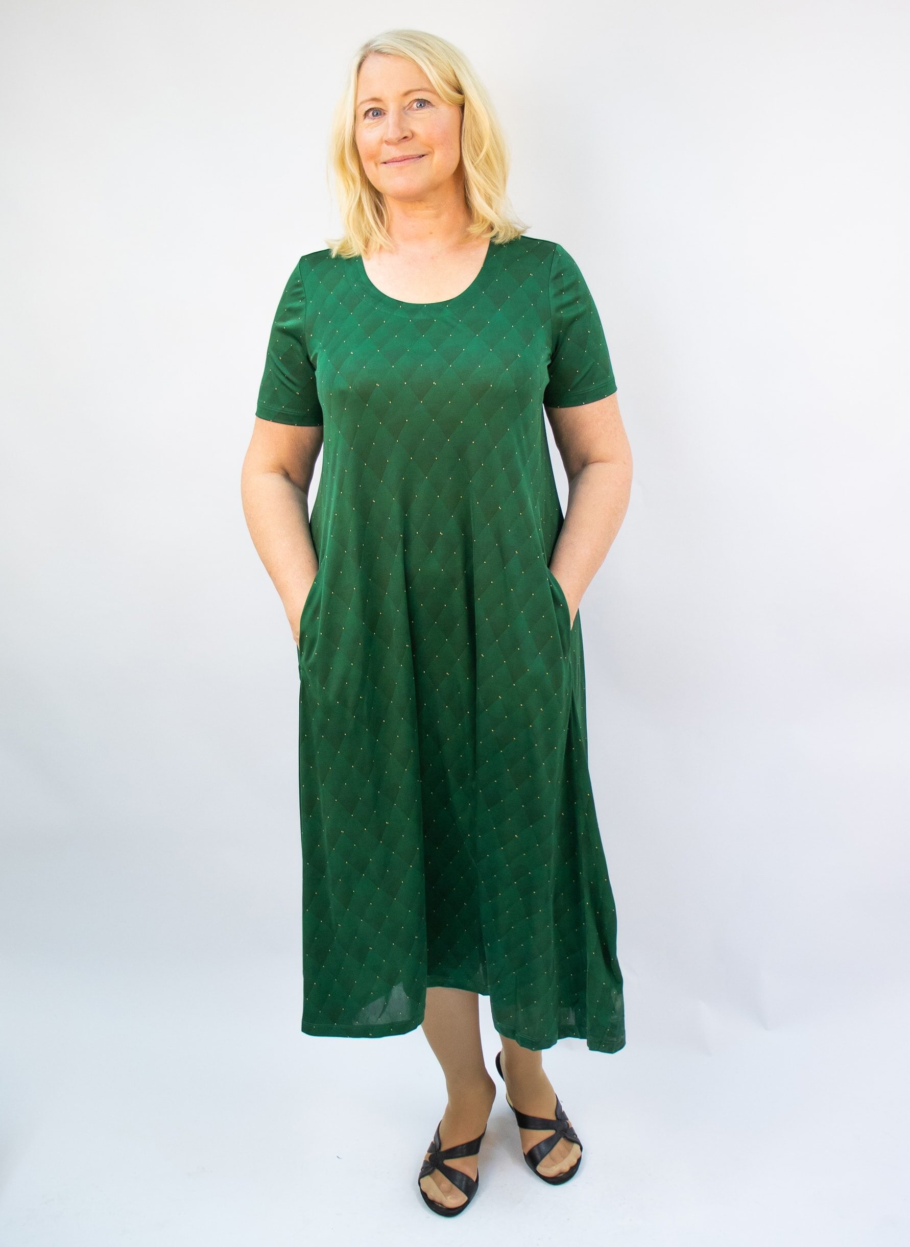 Long Silk Dress, Green Checkered