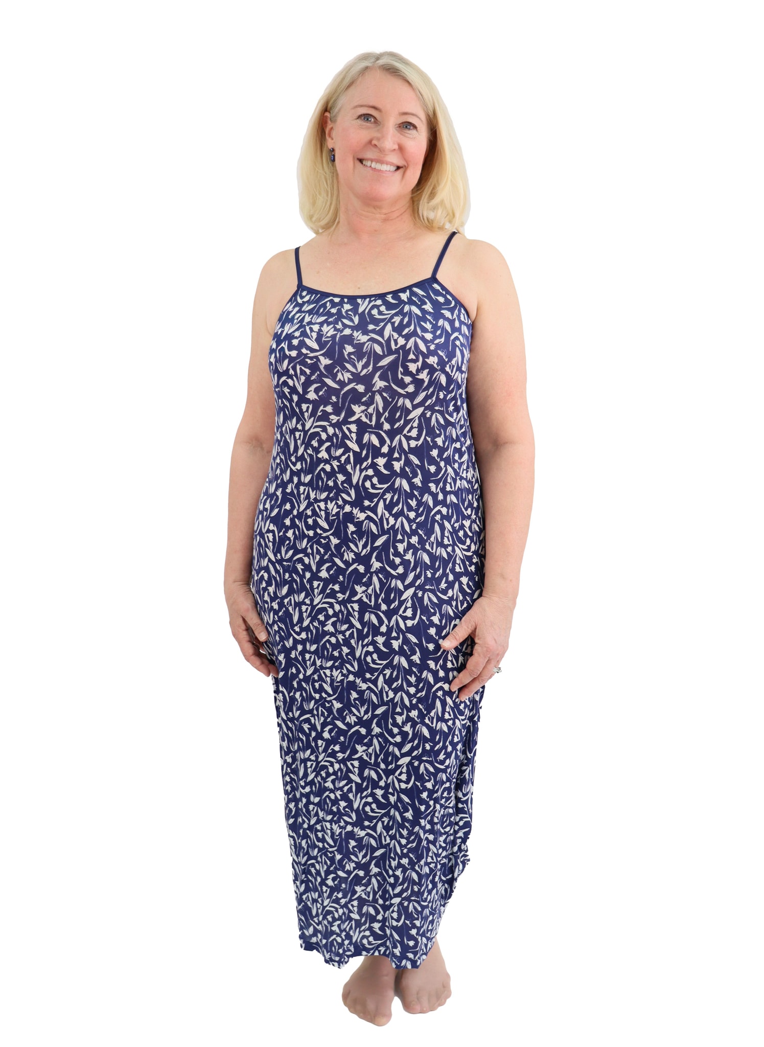 	SilkLong Silk Nightdress, Navy/White Flowers