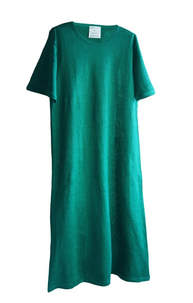 Hemp Dress Calf-length, V-neck, Bluegreen