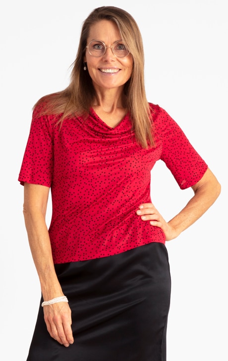 Draped Silk Top, Red, Dots