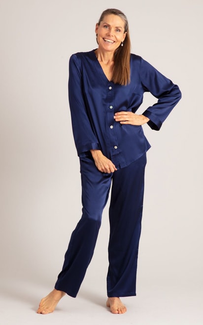 Ladies Satin Pyjamas Navy Blue