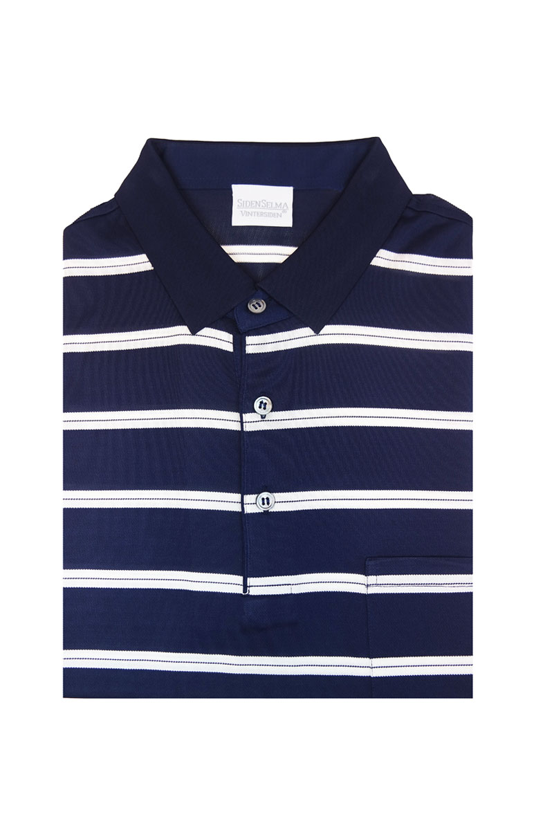 Men's Silk Polo Shirt, Navy Blue White Stripes