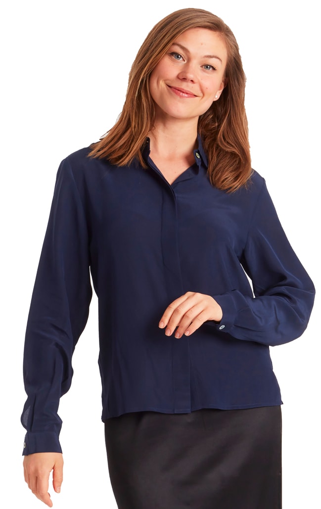 Silkblouse Long Sleeve, Navy Blue