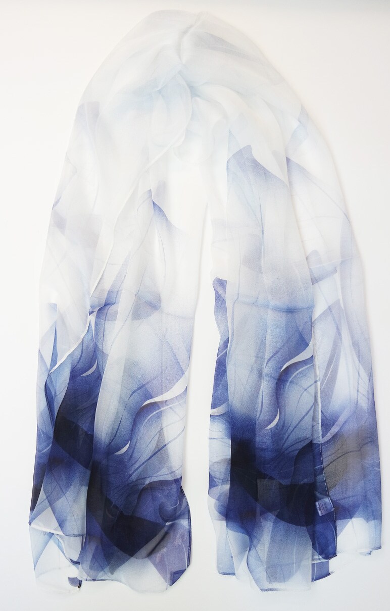 Silk Scarf Chiffon White & Blue